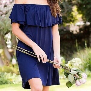 🏷️ 2/$20 NWT Blue Rain On/Off Shoulder Navy Mini Dress